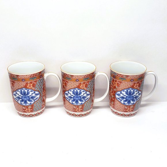 Imari Crest Otagiri Mugs Japan Gold Rim Red Blue Vintage Asian Lot Set x3 - Picture 4 of 12